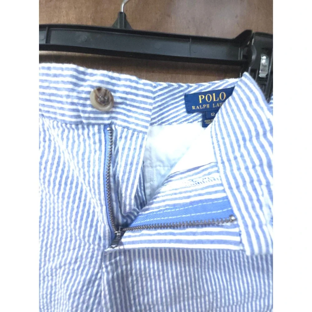 Polo Ralph Lauren Boys Blue White Seersucker Striped Shorts Size 12 Cotton Blend